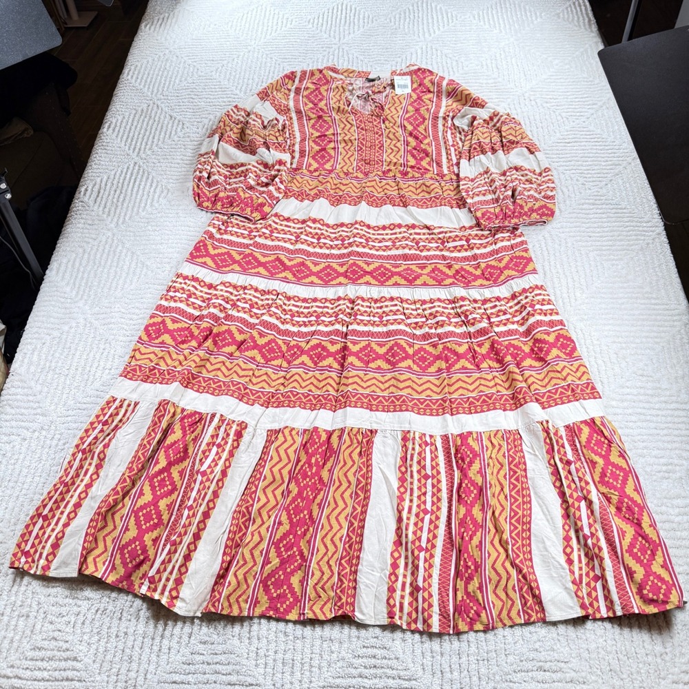 CalStyle Print Dress Women's XL Pink Yellow Boho Tiered Maxi NWT Tribal Peasant